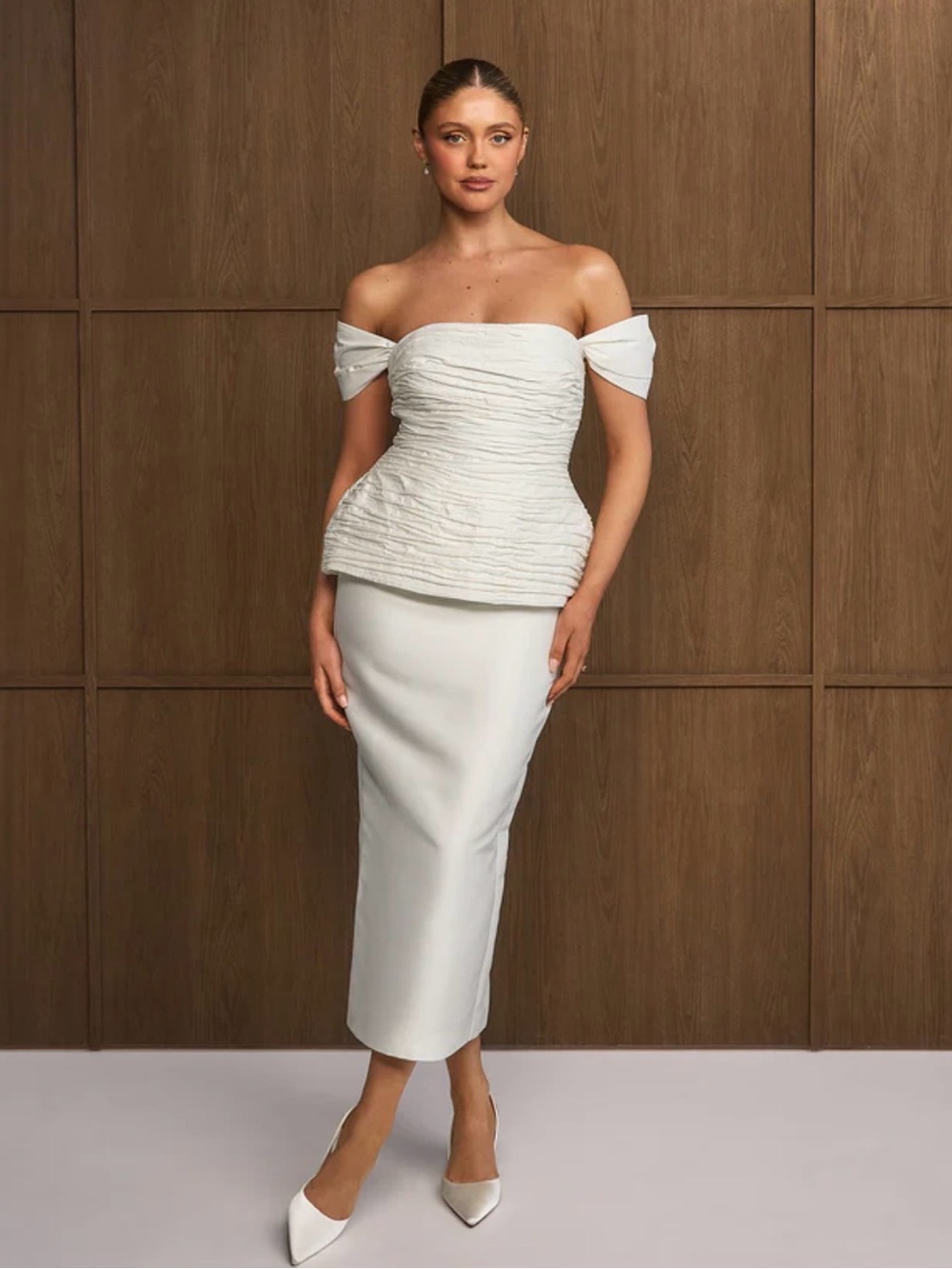 Six Stories Bardot Peplum Midi Dress